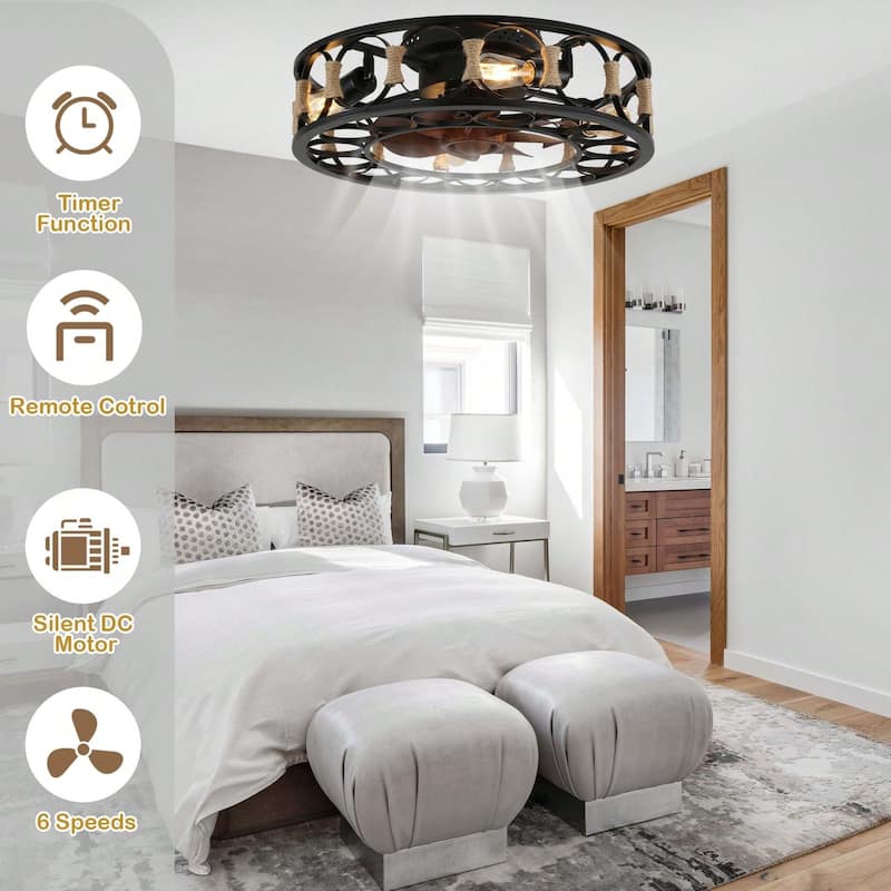 Cusp Barn 20-inch Farmhouse Cage Ceiling Fan with Remote, Low Profile Flush Mount Rope Light Fixture, 6 Speeds Fan for Bedroom