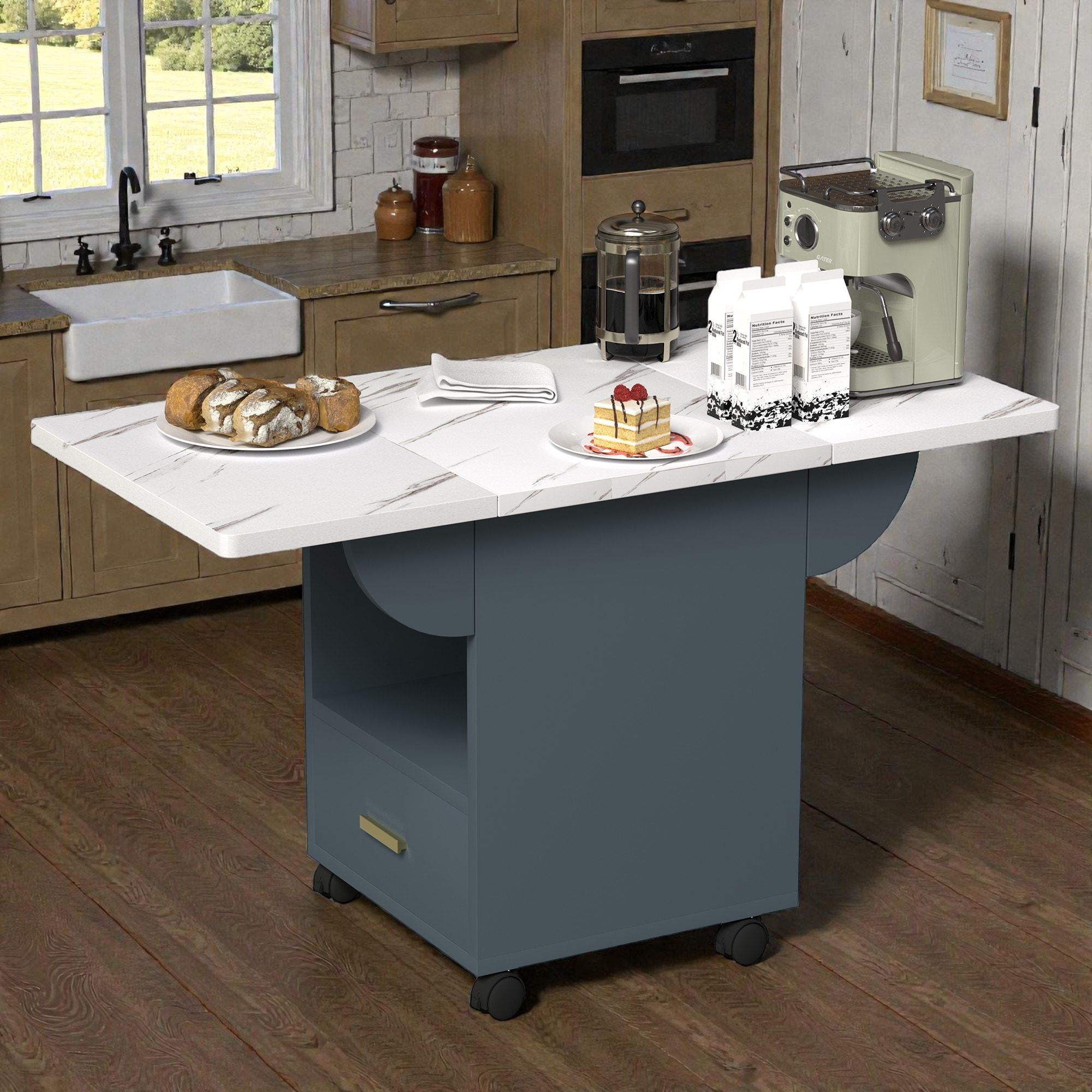 39.4" Folding Dining Table with Wheels, Storage Rack & Drawer, Sideboard Buffet, Space-Saving Extendable Kitchen Table - White