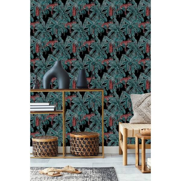 Black Wallpaper with Palms Peel and Stick and Prepasted Bed Bath