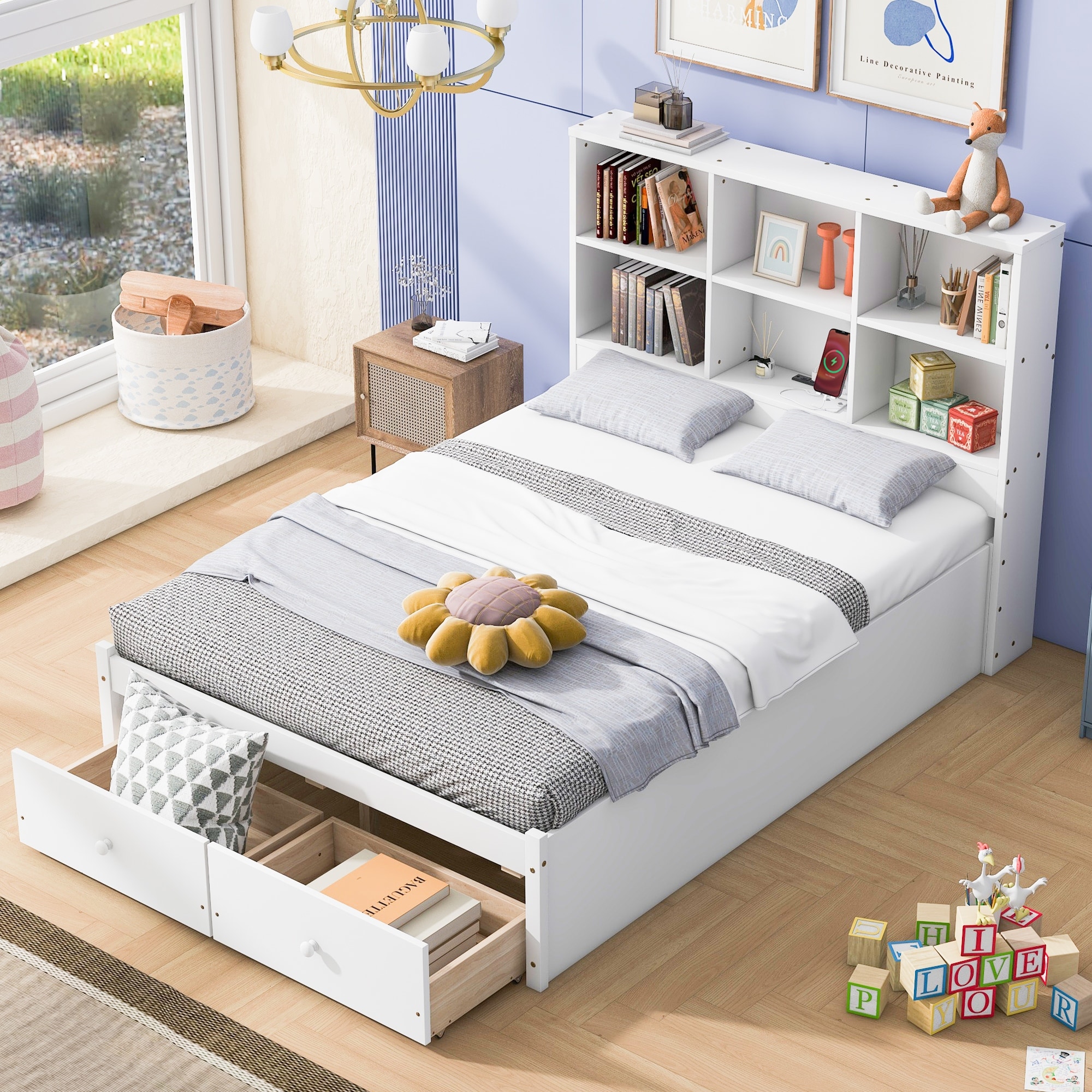 Full storage bed with shop bookcase headboard