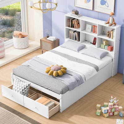 Solid Wood Bed Frame, Full Size Platform Bed w/Storage Headboard, Charging Station and 2 Storage Drawers for Bedroom, Apartment