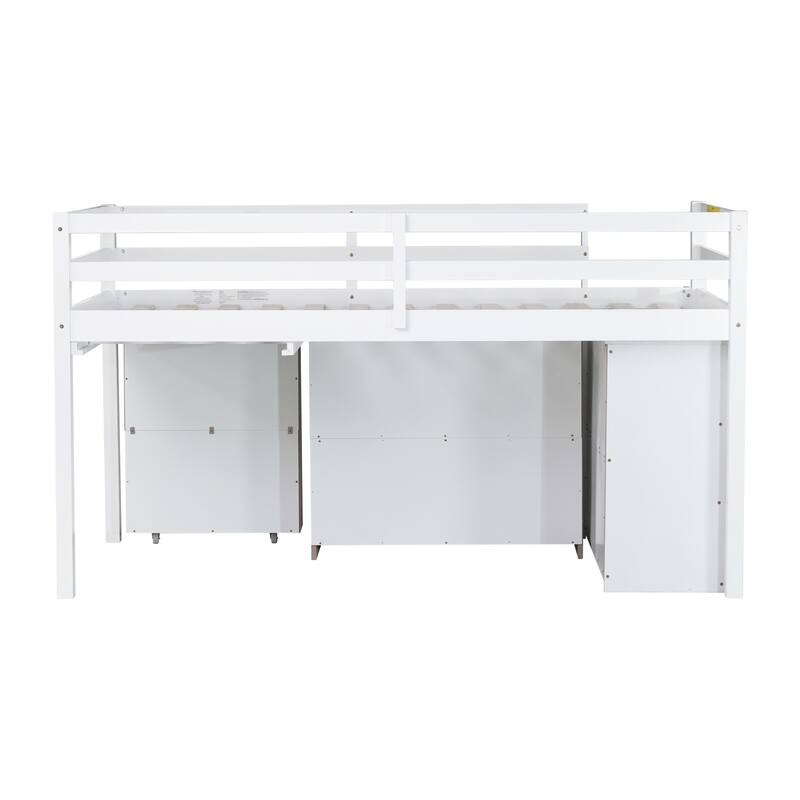 Twin Rubber Wood Loft Bed with Drawer Cabinet, Shelf,Pulling -Out Desk