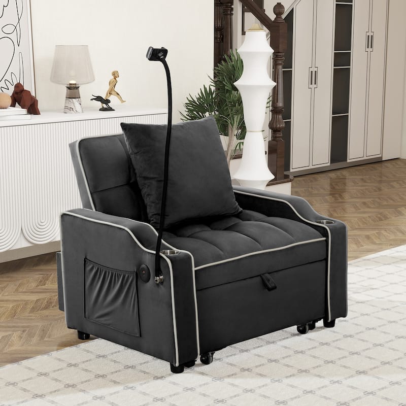 Convertible Single Chair Bed, Sleeper Sofa Bed with Phone Holder & USB Ports,Pull Out Couch Bed with Adjustable Recliner