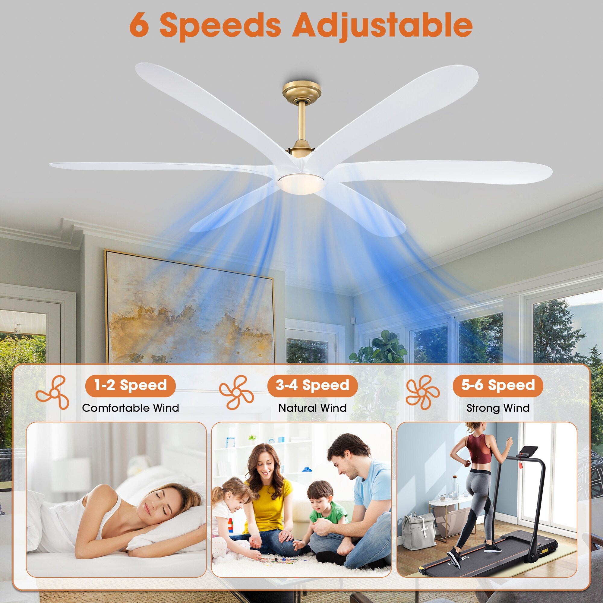 72-inch Modern 6-Blade Gold Propeller Ceiling Fan with Light and