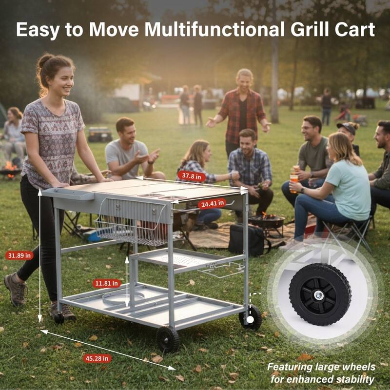 4-Wheel Silver BBQ Cart Stainless Steel Top With Seasoning Tray - N/A