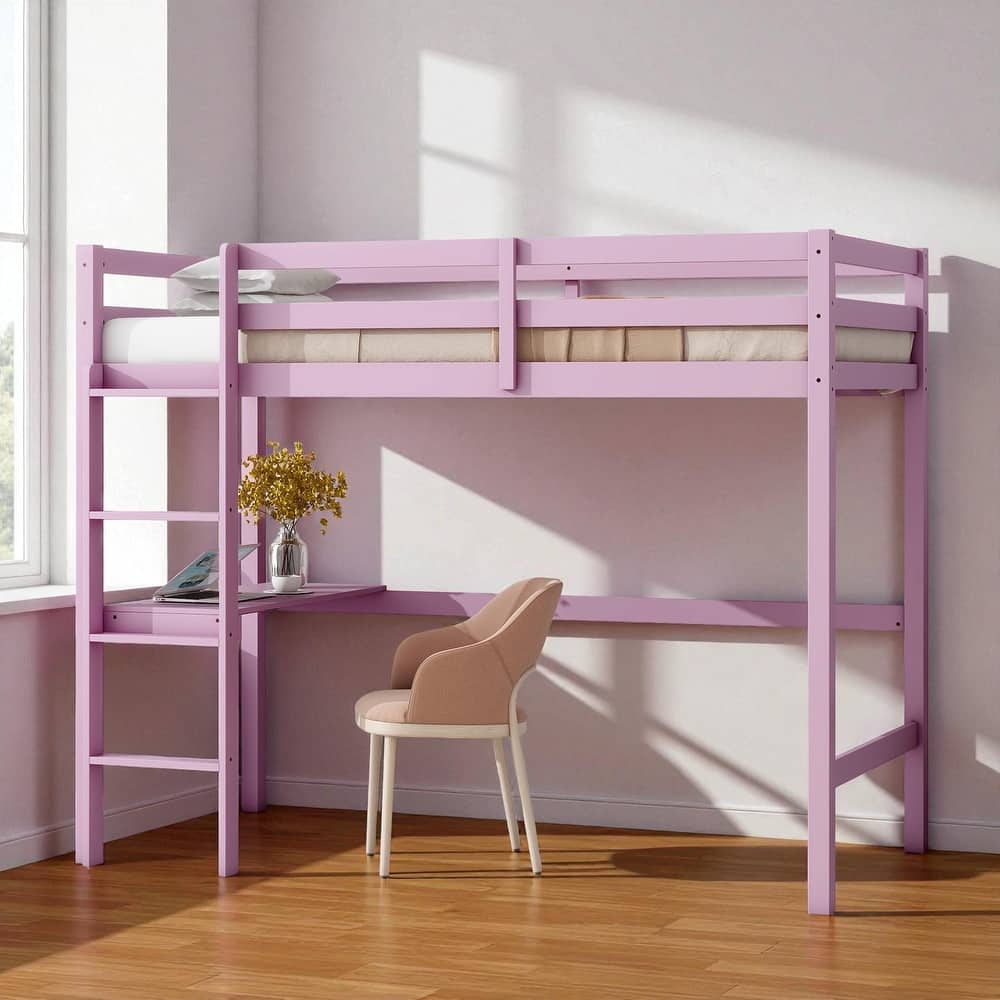 Twin Size Wooden High Loft Bed with Built-in Desk and Ladder, Solid Rubber Wood Loft Bed with Safety Guardrails
