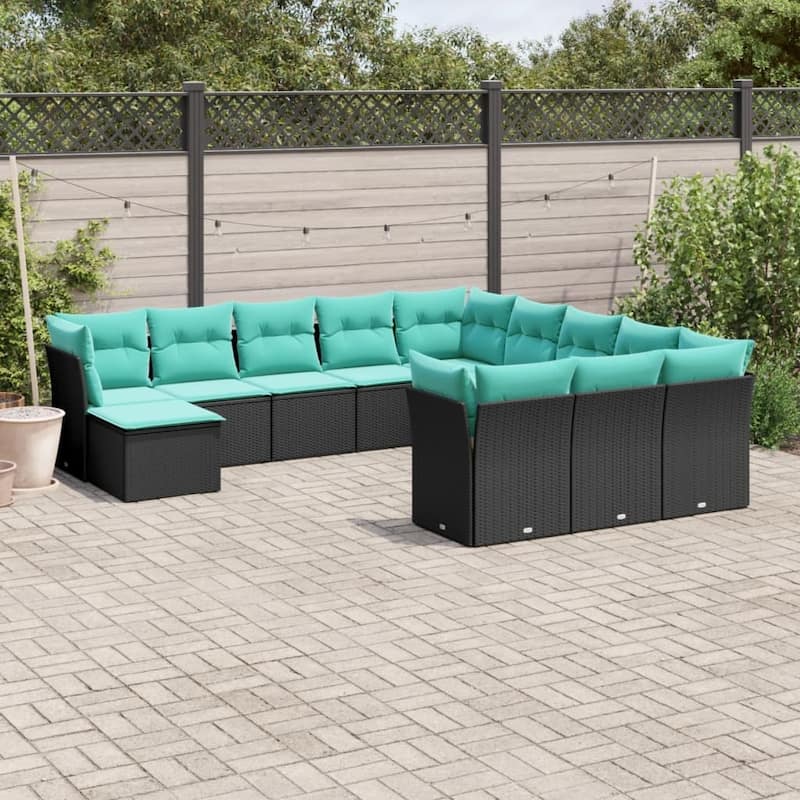 vidaXL 12 Piece Patio Sofa Set with Cushions Black Poly Rattan - 24.4x27.2x24.4-Without table