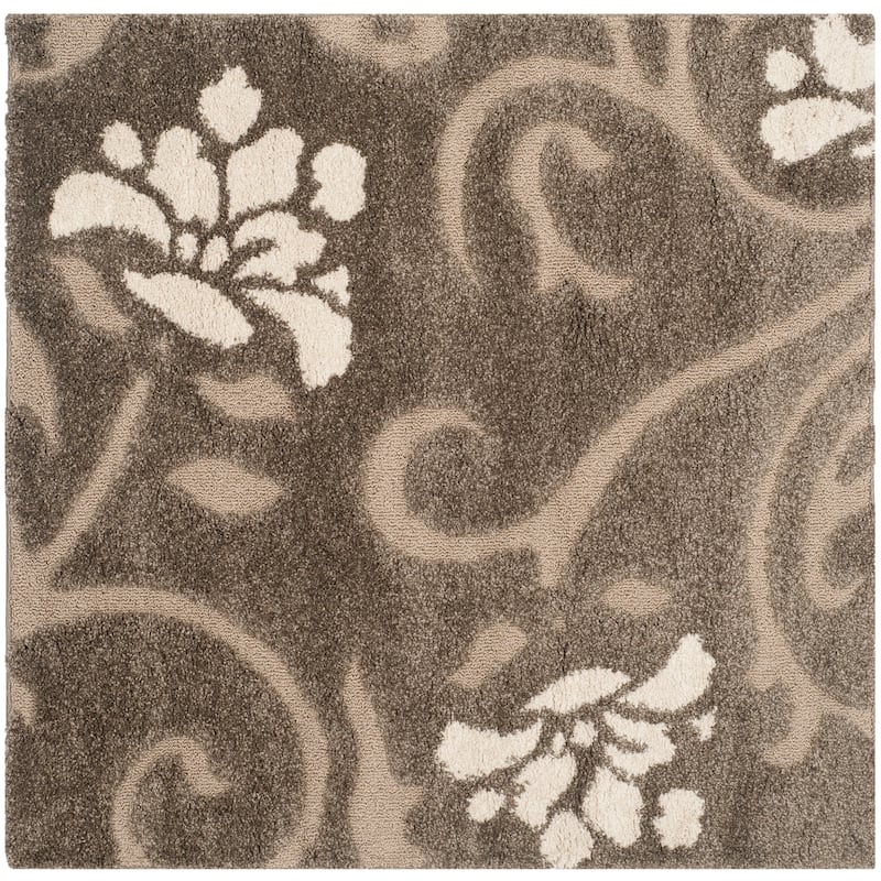 SAFAVIEH Florida Shag Nanny Floral Scroll 1.2-inch Thick Rug - 4' Square - Smoke/Beige - Square