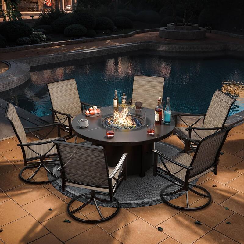 Kullavik Textilene Chairs and Round Gas Fire Pit Table, Outdoor Patio Furniture Set