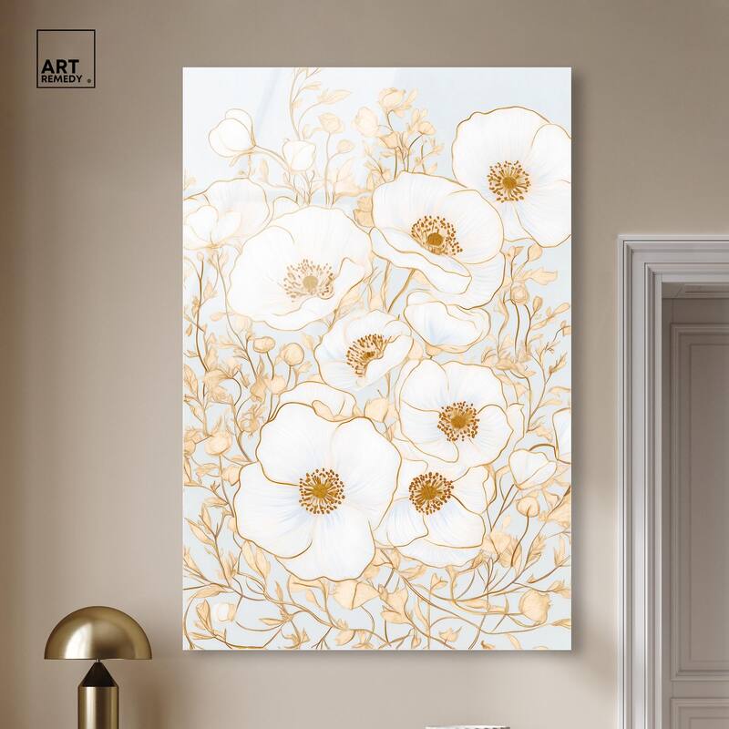 White and Gold Poppies I Acrylic by Art Remedy, Ready to Hang