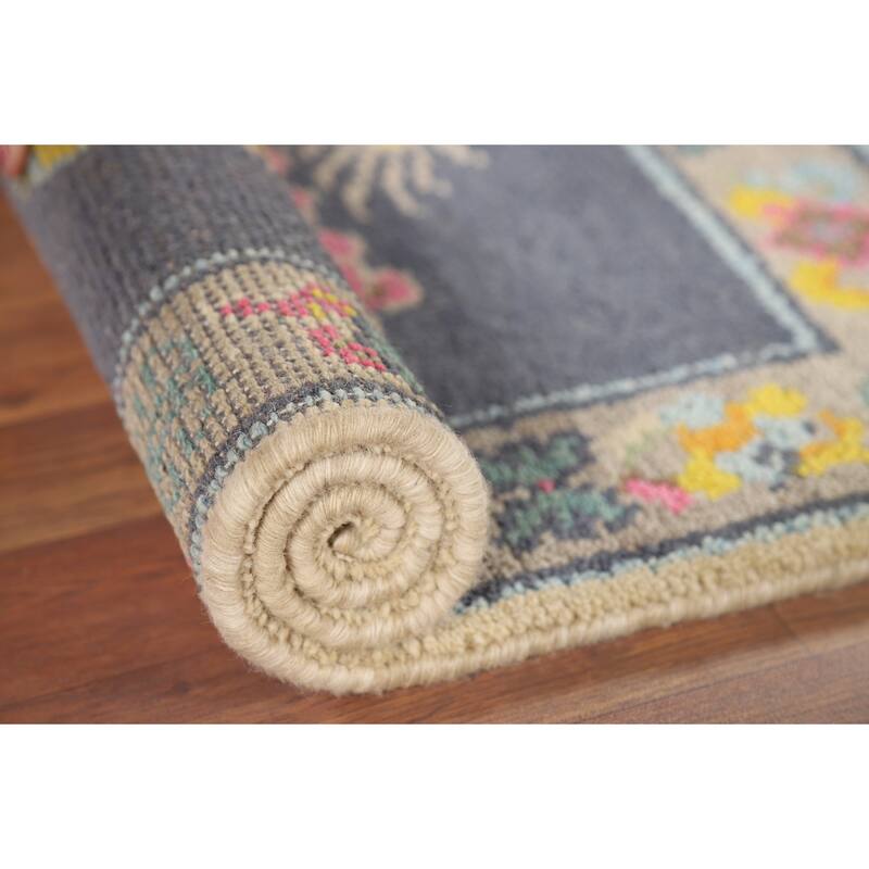 Hand Knotted Oriental 100% Wool Carpet Traditional Geometric Navy Blue & Blues Art Deco Area Rug - 3' 0'' X 2' 0''