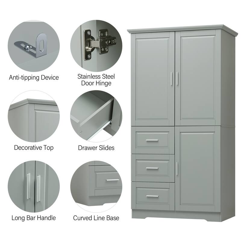 Tall & Wide Storage Cabinet with 3 Drawers and Doors, for Bathroom or Office Organization