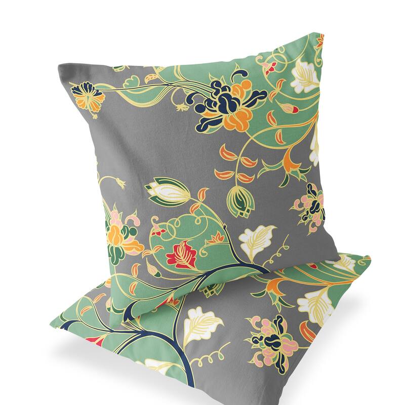 HomeRoots Set of Two 16" X 16" Gray and Orange Blown Seam Floral Indoor Outdoor Throw Pillow - 16.00' X '16.00' X '5.00