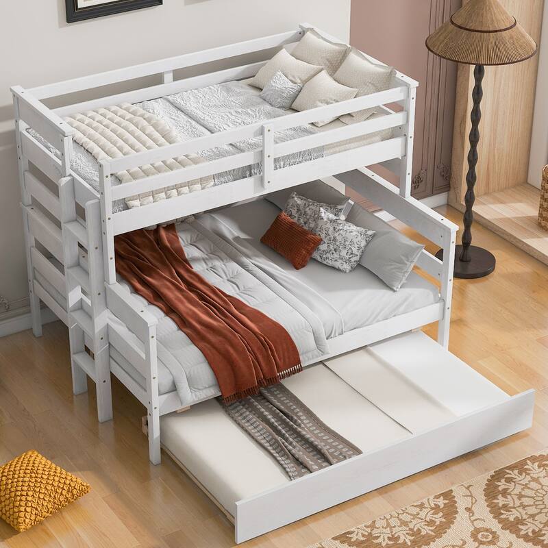 Wood Twin over Full Bunk Bed with Twin Size Trundle and Guard Rails - White