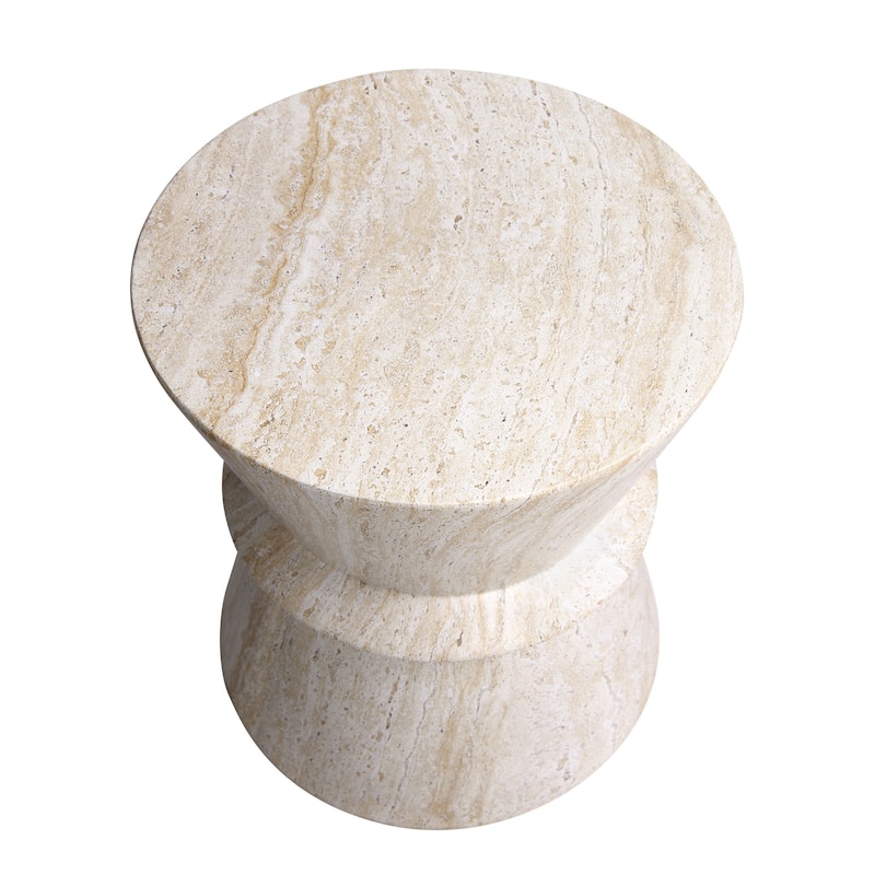 Hourglass Travertine Stone Finish Italian Design MgO Side Accent Table - 15.4"x15.4"x17.8"