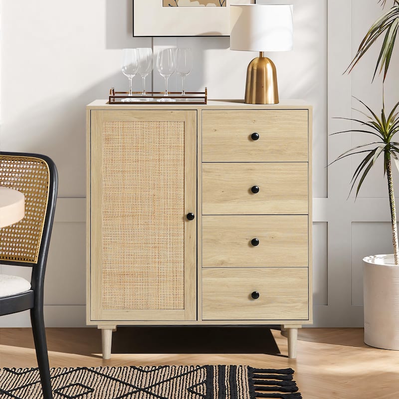 White Oak Finish Wood and Rattan 1-Door 4-Drawer Storage Cabinet - 36.61" H x 31.5" W x 16.53" D