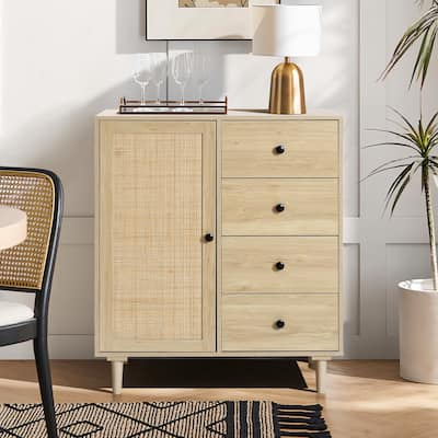 White Oak Finish Wood and Rattan 1-Door 4-Drawer Storage Cabinet - 36.61" H x 31.5" W x 16.53" D