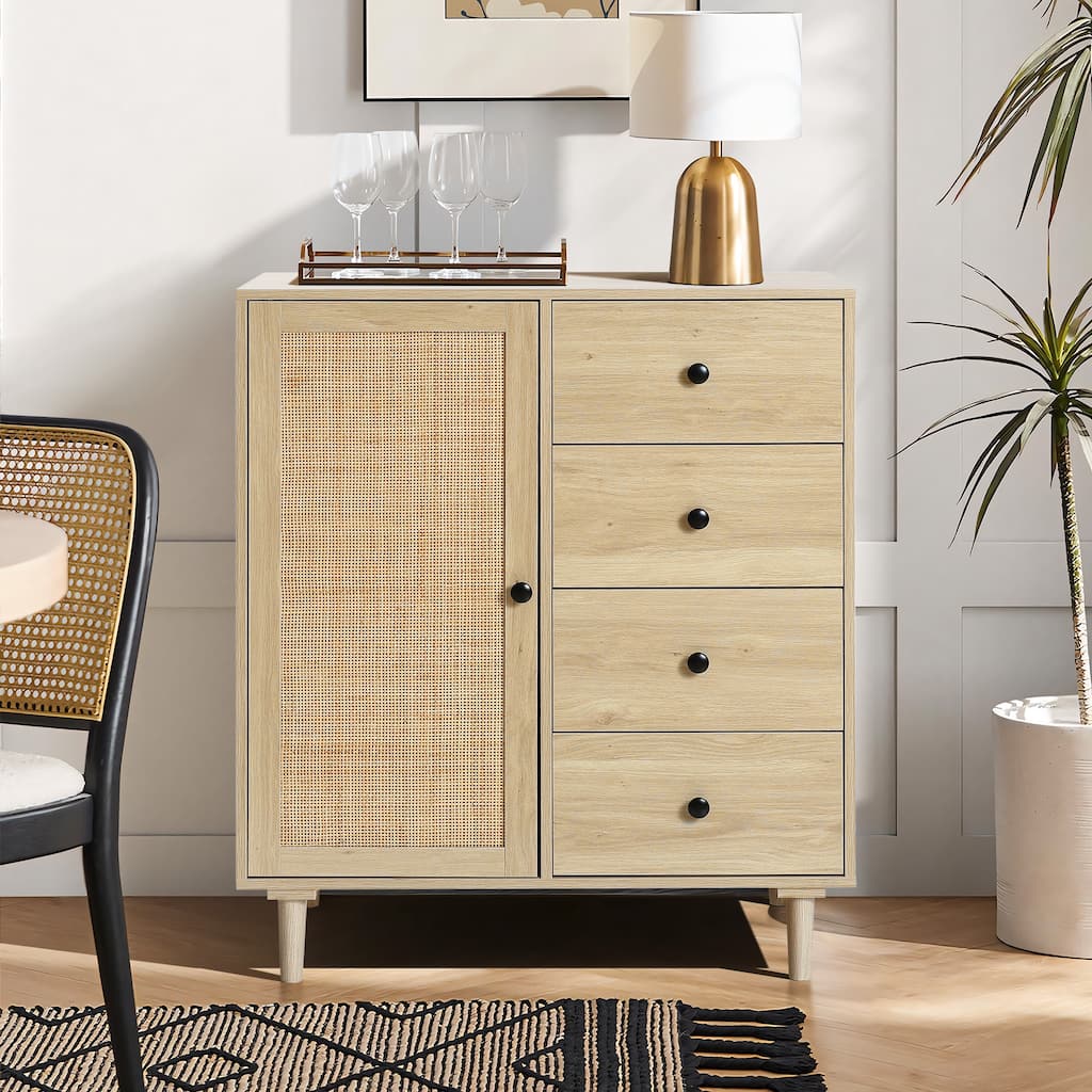 White Oak Finish Wood and Rattan 1-Door 4-Drawer Storage Cabinet - 36.61" H x 31.5" W x 16.53" D