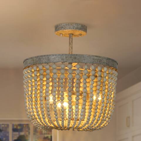 Coasa Farmhouse Semi Flush Mount Lights Handcrafted Wood Beads Boho Basket Metal - Antique off-white - D 14" x H 15"