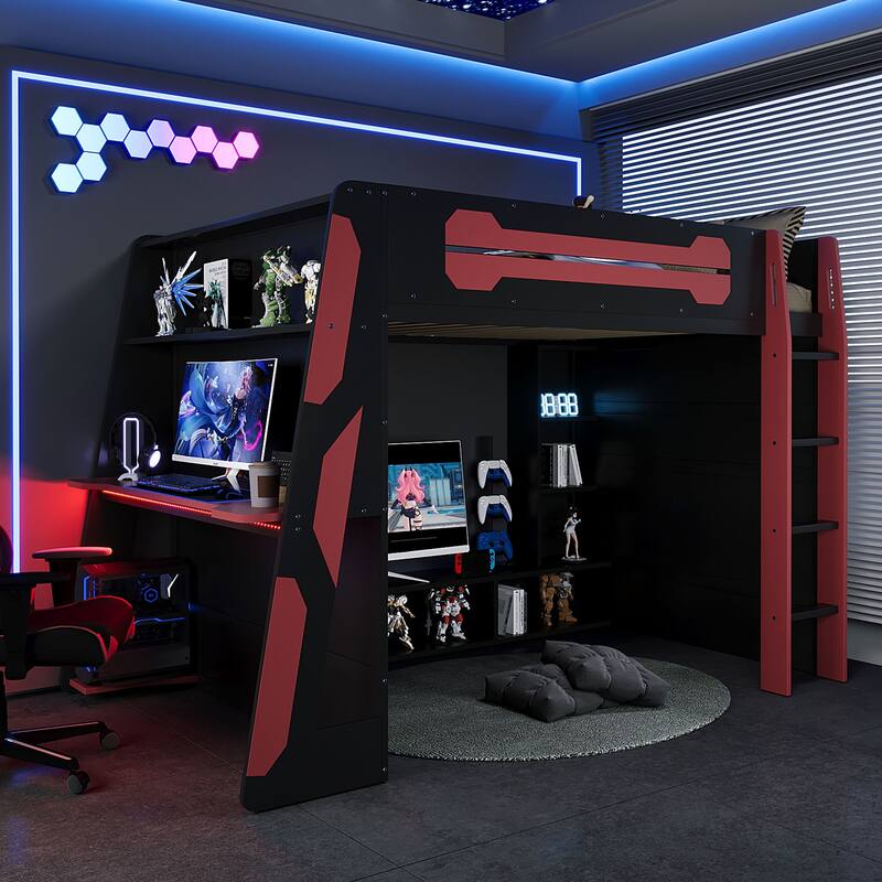 Full Size Wood Loft Bed with Desk, Multi-storage Shelves and RGB Light, Red