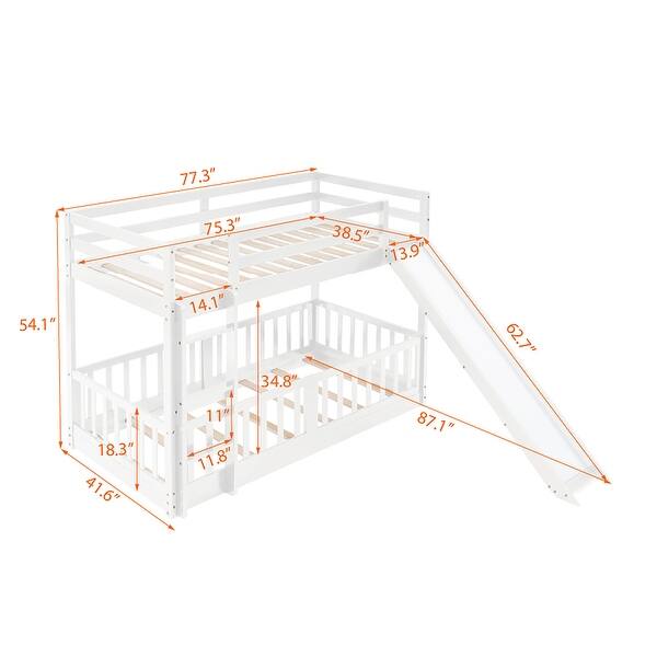 dimension image slide 0 of 3, Twin Over Twin Bunk Bed with Removable Floor Bed and Bottom Guardrails, Fun Kids Loft Bed Frame with Ladder and Slide