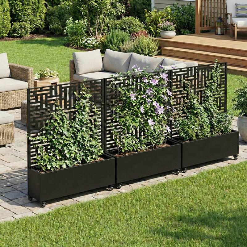 Metal Planter Box with Trellis Privacy Screen Planter Box with Lockable Wheels Set of 2