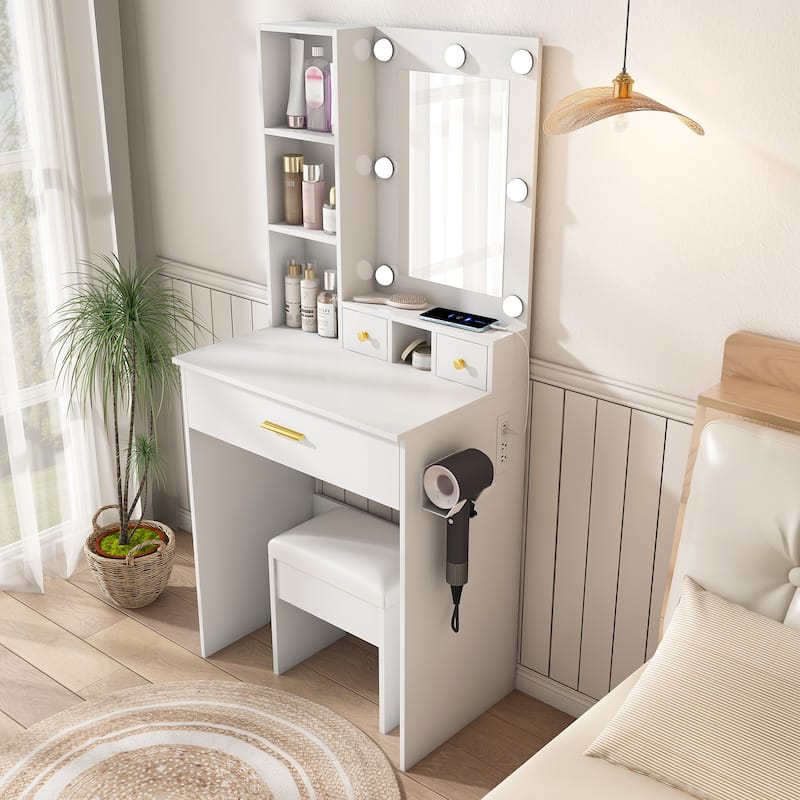 Vanity Desk with Mirror & LED Lights, Makeup Table with Power Outlet, Hairdryer Holder & Stool, Compact Dressing Table Set - White