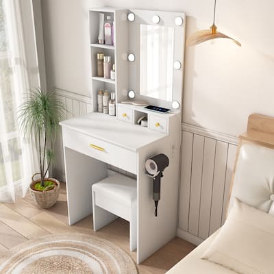 Vanity Desk with Mirror & LED Lights, Makeup Table with Power Outlet, Hairdryer Holder & Stool, Compact Dressing Table Set