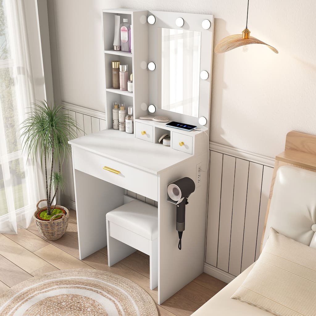 Vanity Desk with Mirror & LED Lights, Makeup Table with Power Outlet, Hairdryer Holder & Stool, Compact Dressing Table Set