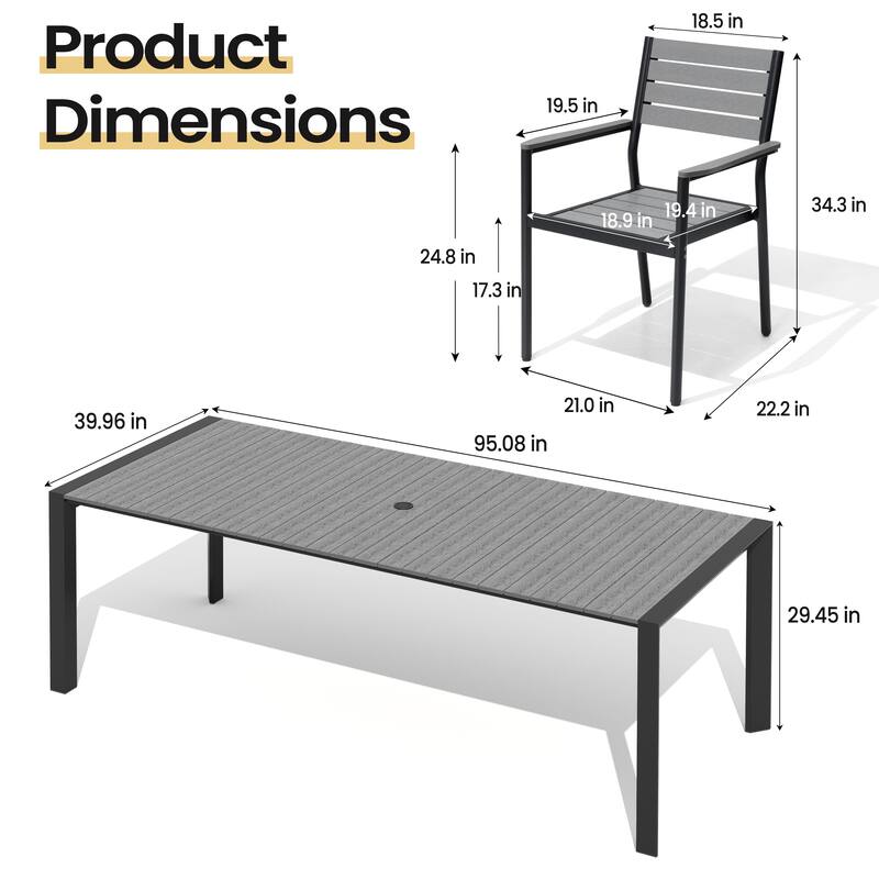 Set of 9 Outdoor Patio Dining Set WoodLike Table Top Aluminum Umbrella Hole Table with Stackable Dining Chairs