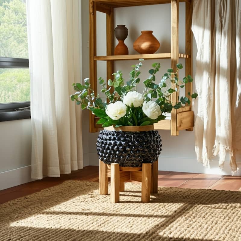 Terracotta Planter Textured Glaze Indoor Outdoor Use - 7" Black - 12" x 12" x 7"