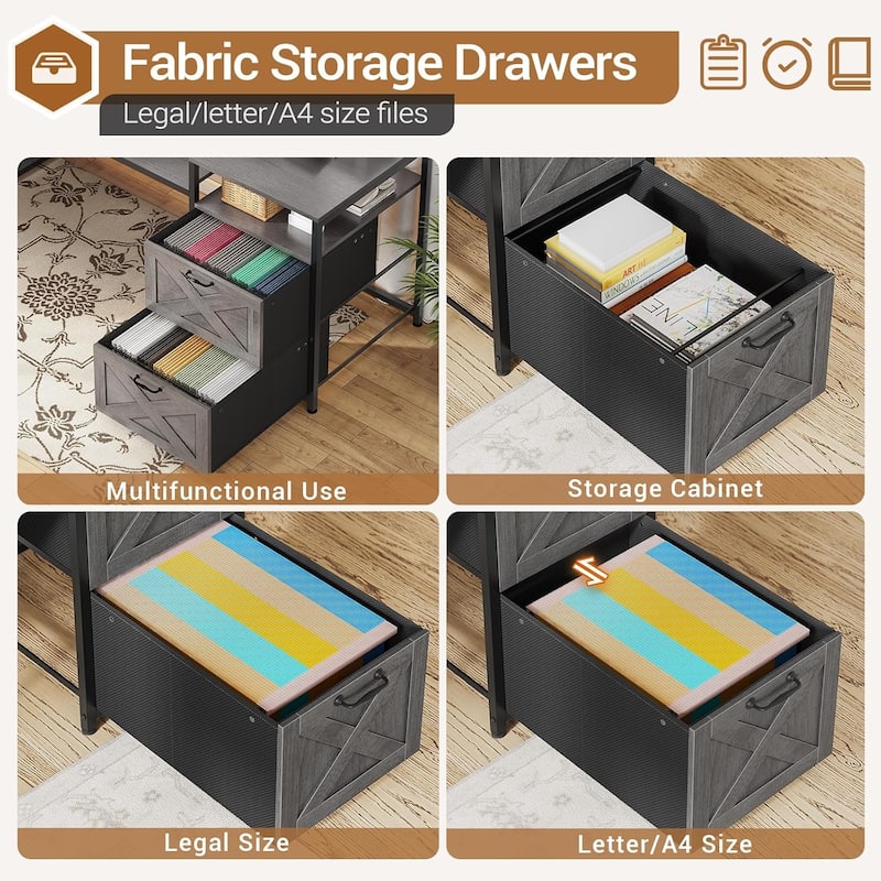 67" L Gaming Shaped Desk Storage Shelves Power Outlet 2 Drawers