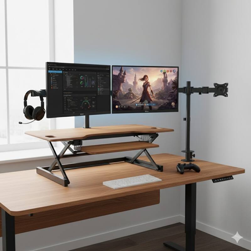 Rocelco 46 in. W Beige Height Adjustable Standing Desk Converter with Double Monitor Mount and Deep Keyboard Tray