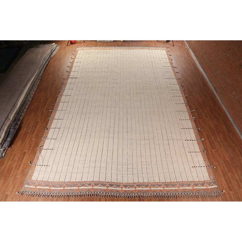 Striped Ivory Moroccan Palace Size Large Rug Hand-Knotted Wool Carpet - 14'2"x 21'6"