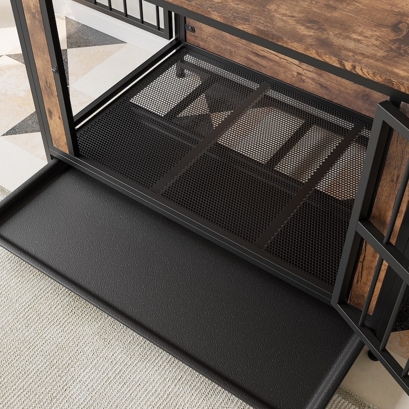 Dog Crate Furniture,Wooden Dog Crate Table,38.9" Dog Kennel with 2 Sliding Doors and Thick Iron Door Frame,Decorative Pet House