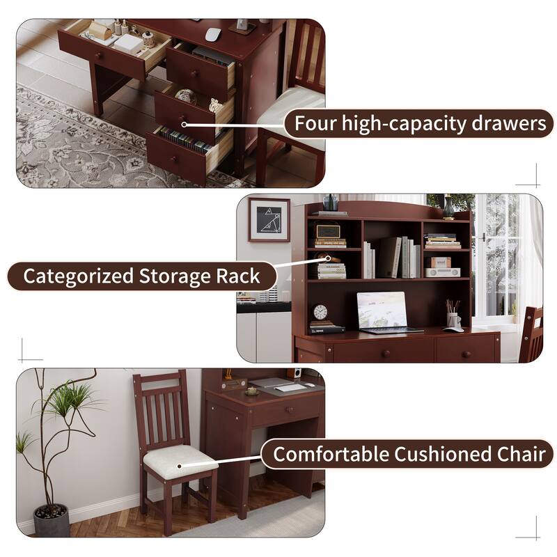 Writing Desk and Upholstered Chair Set with Bookshelf, 40" Vintage Computer Desk with 4 Drawers, Hutch, and Chair