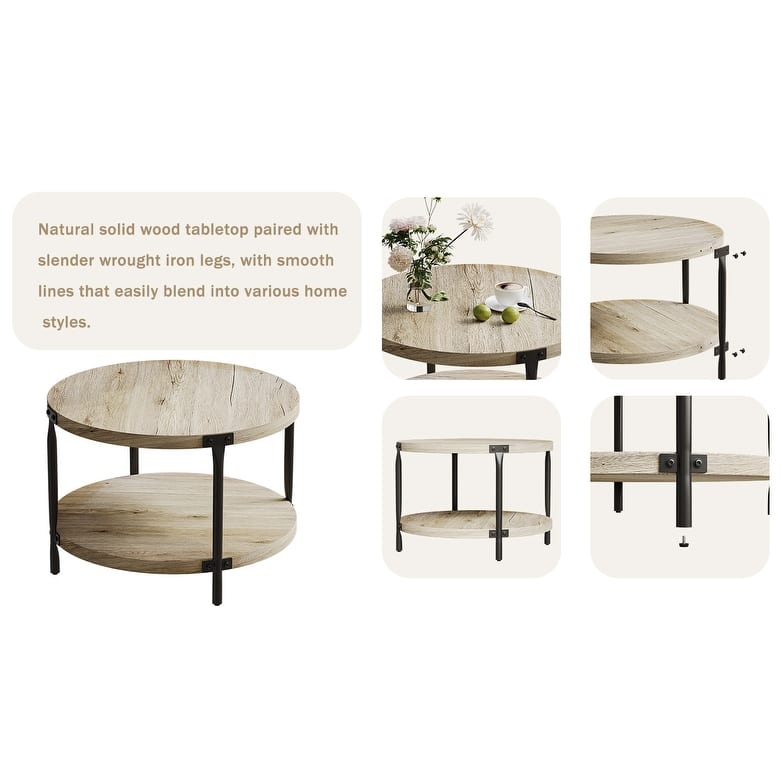 Modern minimalist style circular Bohemian coffee table, 31.4''natural circular wooden double-layer coffee table