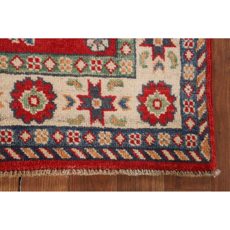 Geometric Red Kazak Foyer Rug Hand-Knotted Wool Carpet - 2'10" x 4'3"