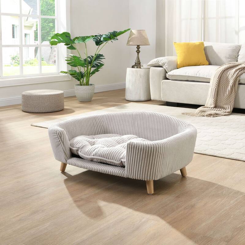 Elevated Dog Bed Frame for Small Dog, Corduroy Pet Couch Bed with Rubber Wood Legs