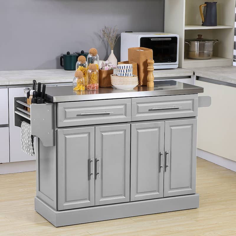 HOMCOM Rolling Kitchen Island with Storage, Portable Kitchen Cart with Stainless Steel Top, Gray - N/A - Stationary - Grey - Wood