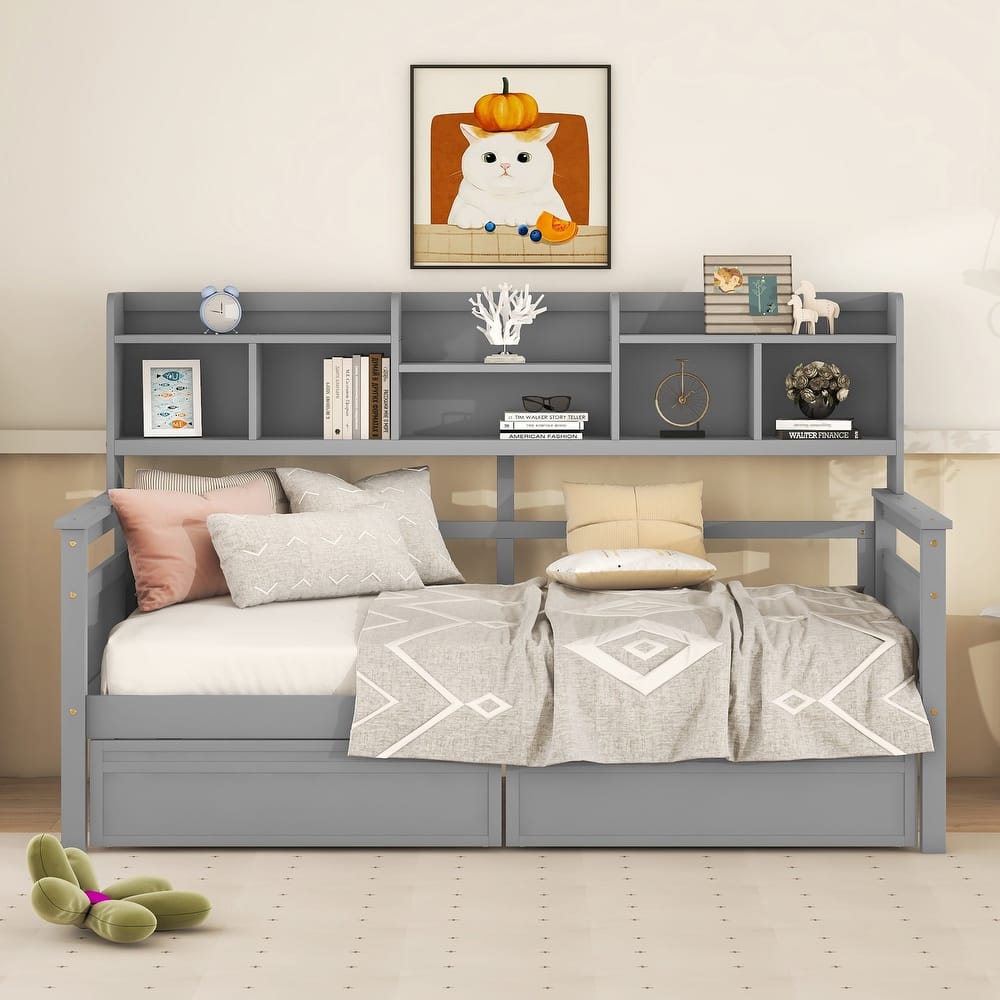 Twin/Full Size Daybed, Solid Wood Platform Sofa Bed Frame with Built In Bookshelves and Two Drawers