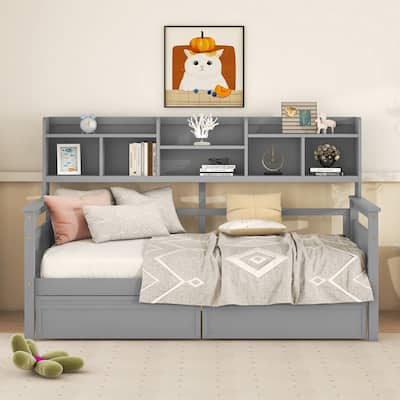 Twin size Daybed, Wood Slat Support, with Bedside Shelves and Two Drawers, White