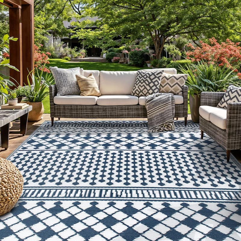World Rug Gallery Contemporary Bohemian Geometric Reversible Recycled Plastic Outdoor Rugs - 7'10"X10' - Navy