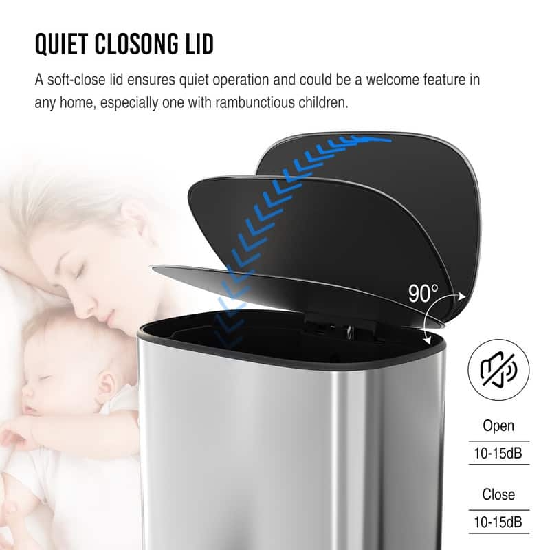 Black Grey 13 Gallon 50L Step-on Kitchen Trash Can with Soft Close for Home,Office