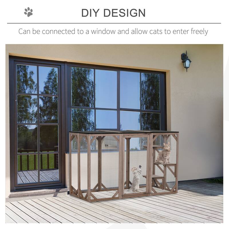 PawHut Outdoor Cat House, Catio Wooden Feral Cat Shelter, Large Enter Door, Weather Protection Asphalt Roof - Brown