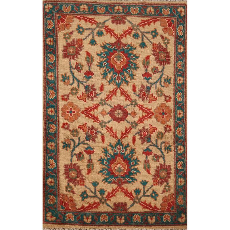 Floral Kazak Foyer Rug Hand-Knotted Yellow Wool Carpet - 2'0" x 3'0"