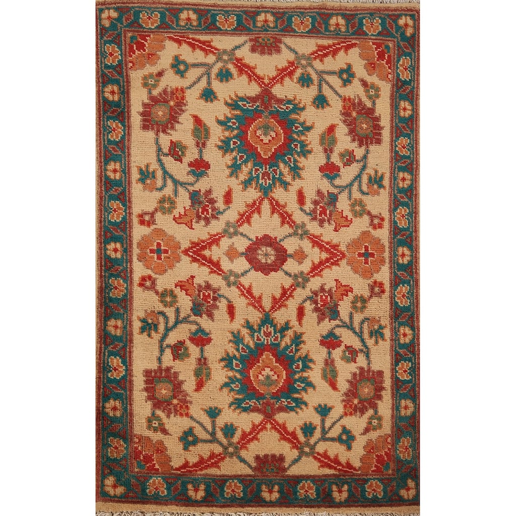 Floral Kazak Foyer Rug Hand-Knotted Yellow Wool Carpet - 2'0" x 3'0"