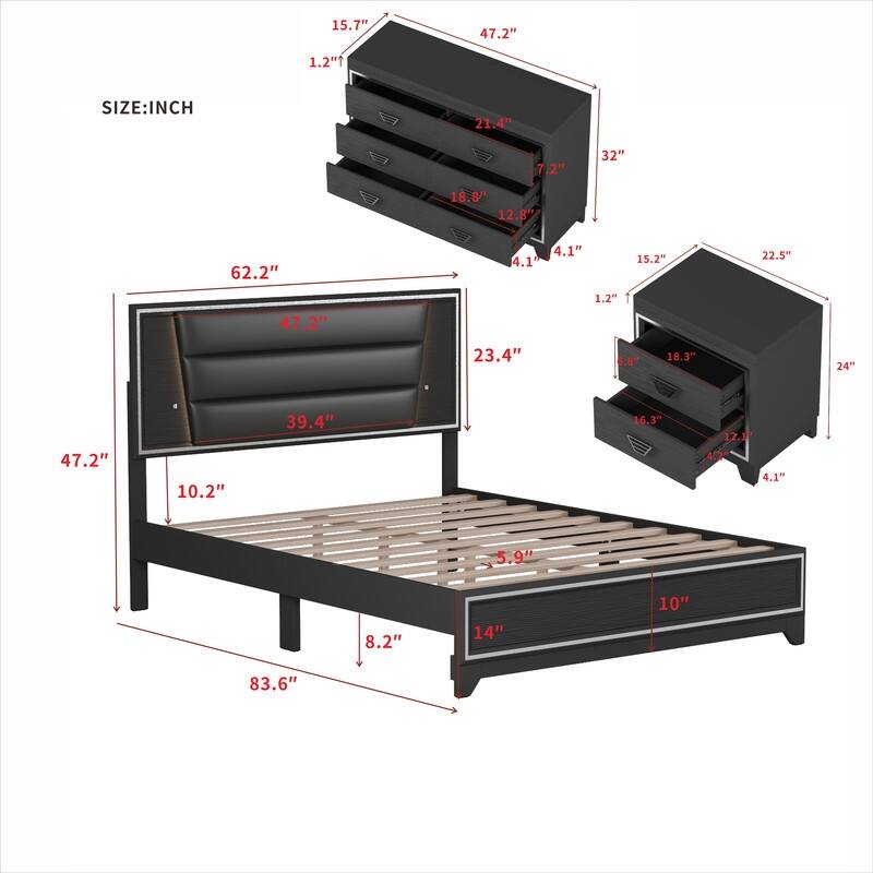 2/3-Piece Bedroom Sets Queen/Full Size Upholstered Bed w Storage/LED Nightstands Dresser/Ottoman Black/Walnut