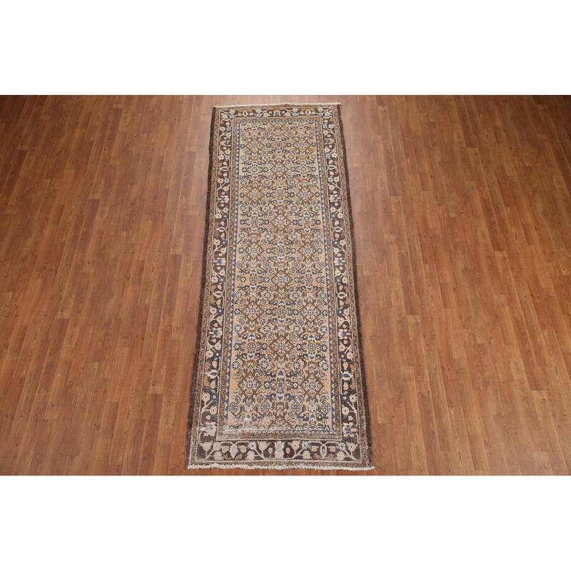 Hand Knotted Oriental 100% Wool Carpet Traditional All-Over Oranges & Rust Hamedan Runner Rug - 9' 8'' X 3' 7''