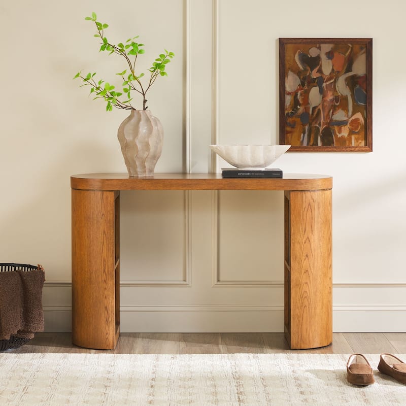 Walker Edison Modern Solid Oak Wood Veneer Console Table - Medium Brown